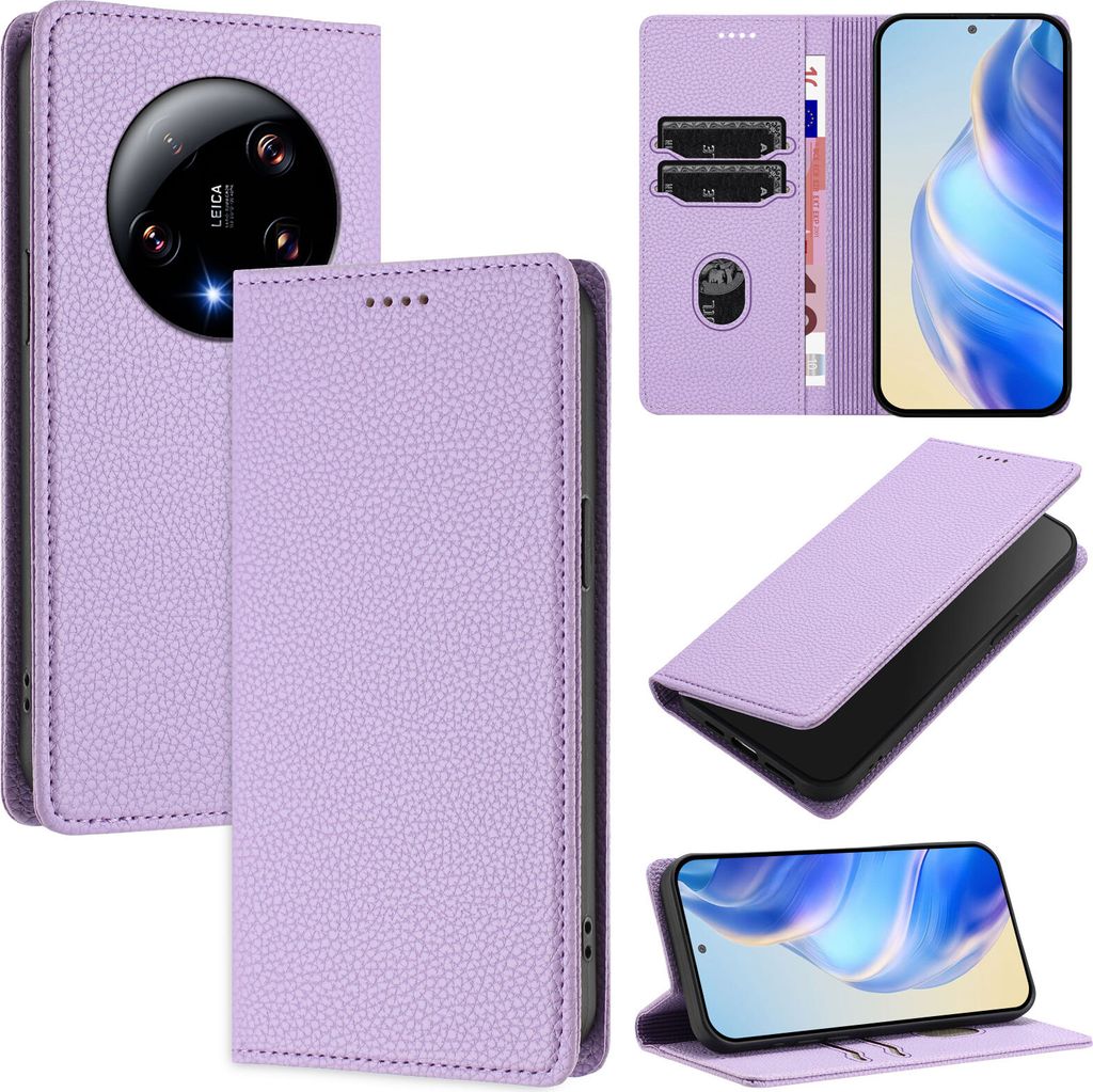 Litchi Leder Handyhülle für Xiaomi 13 Ultra Wallet Kartenfächer Standfunktion Hülle Violett