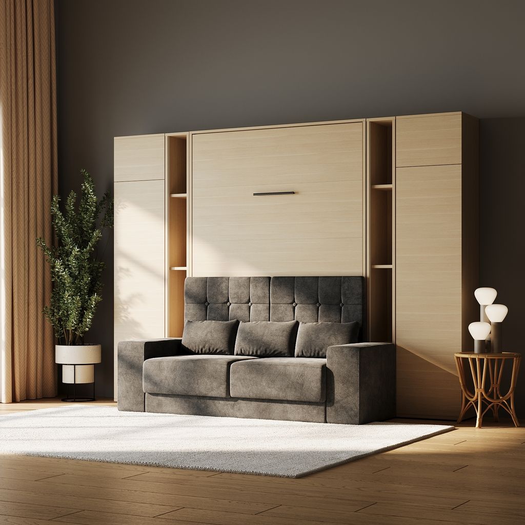 SMARTBett SET Schrankbett M1 160x200 inkl. Regale & Hochschränke und SOFA Kaiserberg Eiche