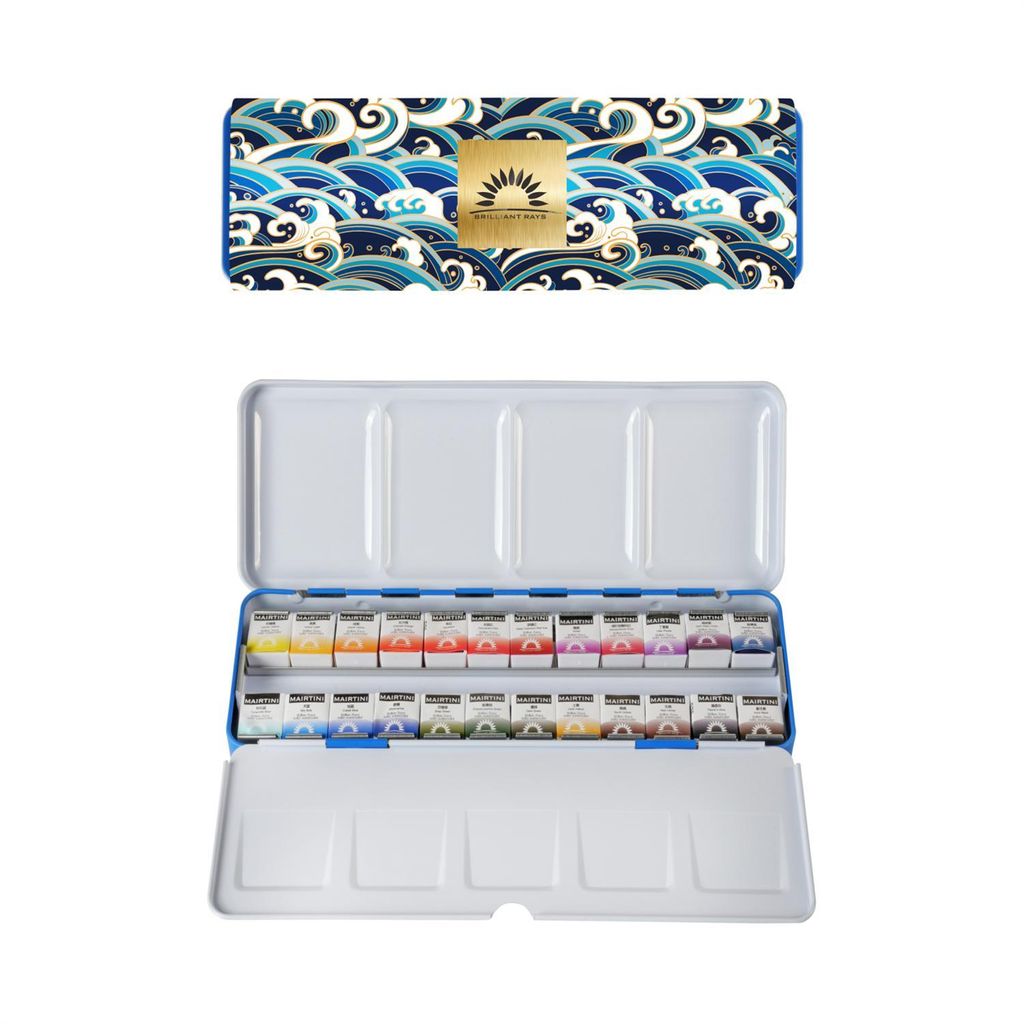 Mairtini Academy Orientalischer Charme Aquarellfarben Set - 24 brillante Farben in halben Näpfchen - Verpackung in Blau