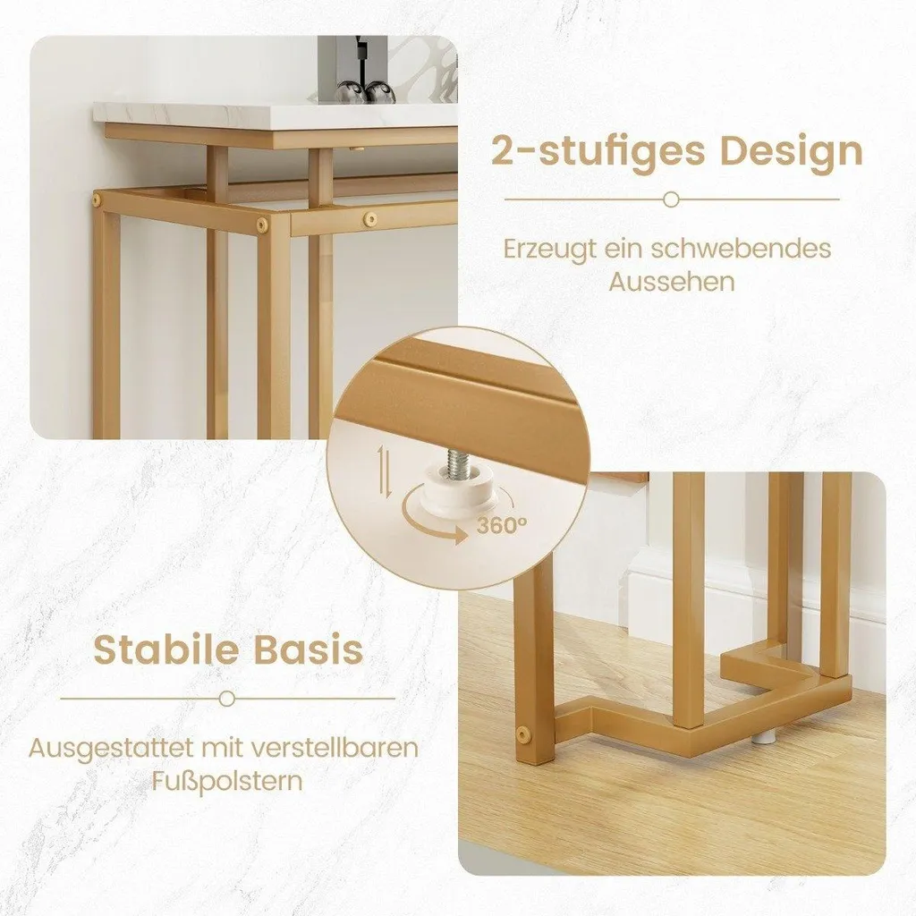 Table console 120 cm plateau faux marbre et structure dorée géométrique