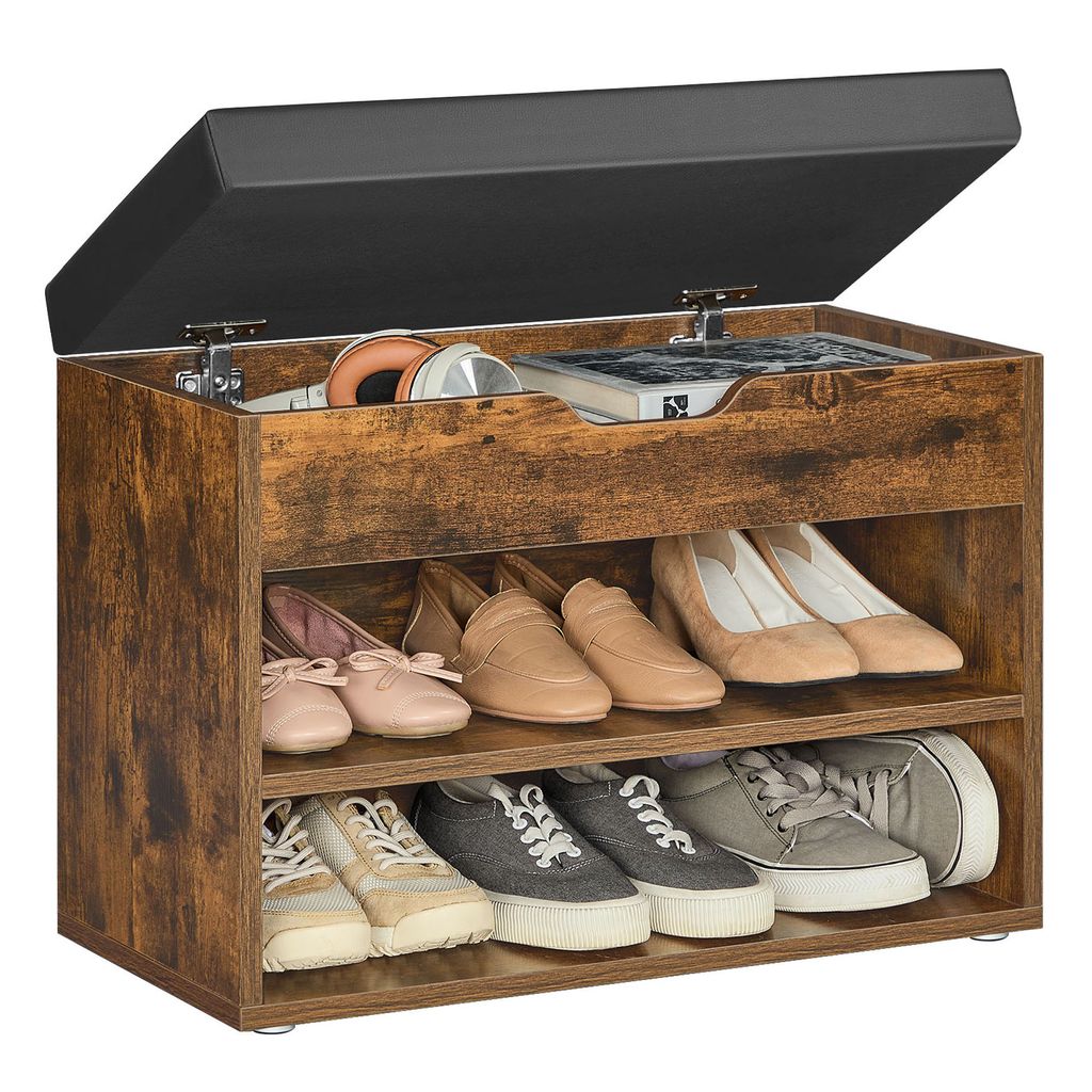 A wooden shoe bench with a padded seat, open to reveal three shelves of shoes and a storage compartment under the seat.