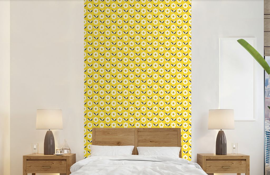 MuchoWow Fototapete für Wohnzimmer oder Schlafzimmer Wandtapete Vinyl Motivtapete Blume - Gelb - Muster - Sommer - 120x240 cm - Hintergrundbild
