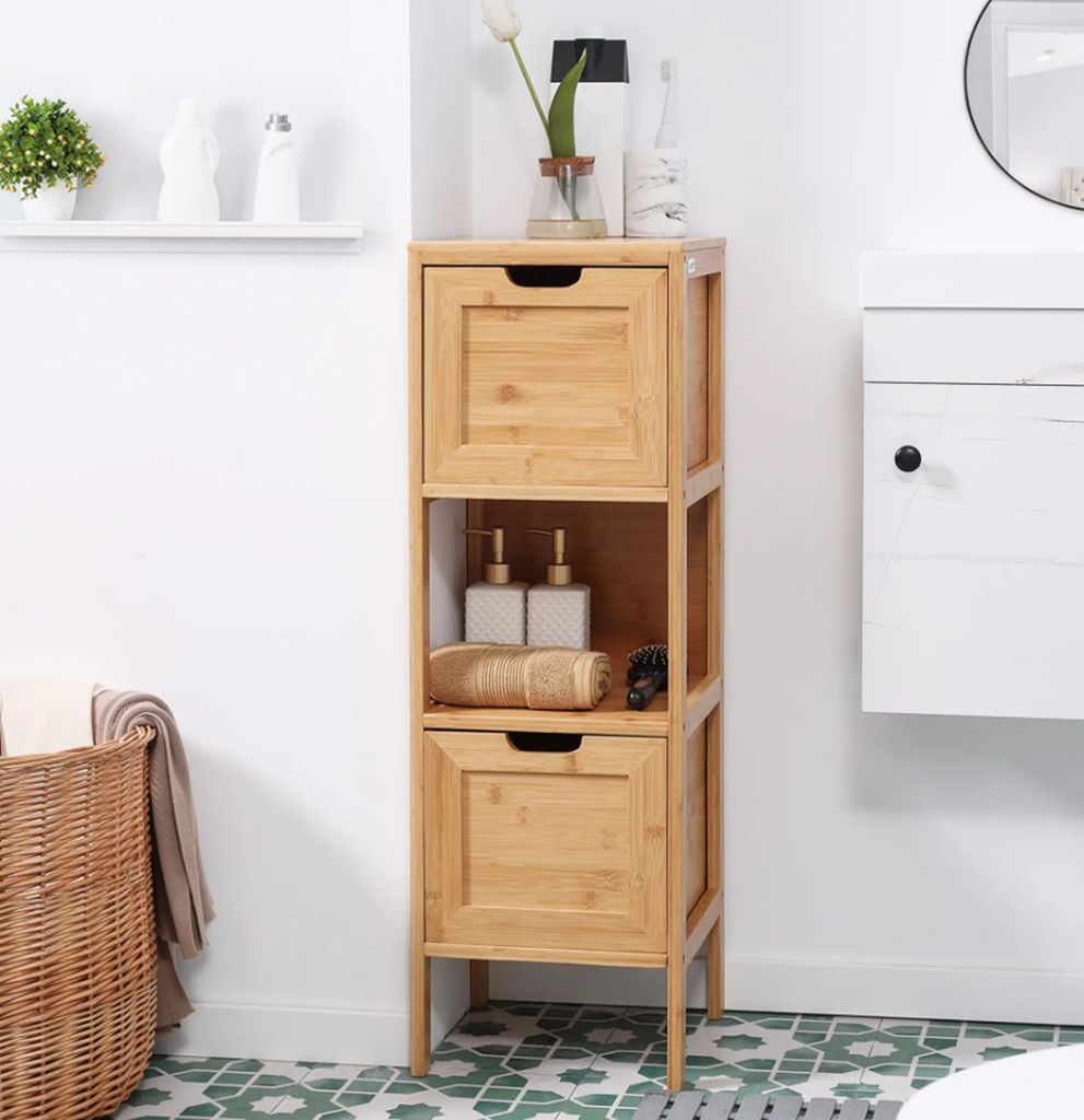 Badezimmerschrank,Badkommode aus Bambus,Hochschrank mit 1 Regal, 2 Schubladen, 30*30*90cm