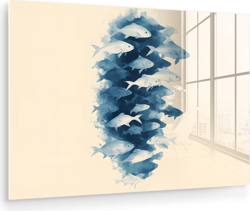 MuchoWow Glasbilder - Bilder auf Wandbild - Foto auf Glas Fische - Minimalistisch - Blau 60x40 cm Wanddekoration aus Glas - Acrylglasbild - Acrylbi...