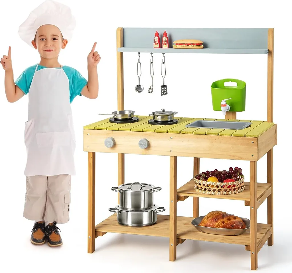 Cuisine de jardin pour enfant en bois Mud Kitchen avec bac à eau bleu