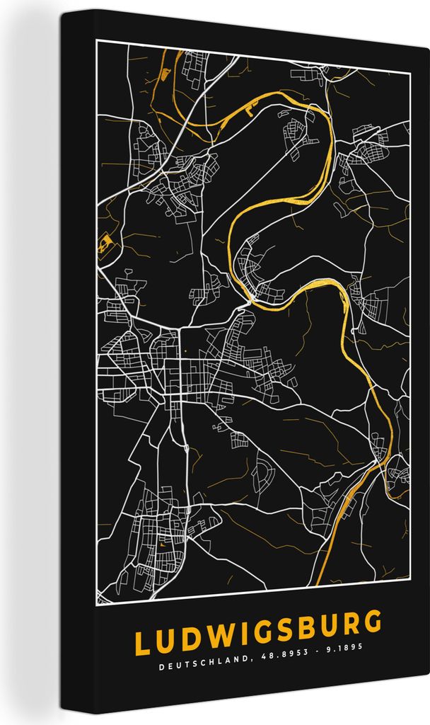 OneMillionCanvasses - Leinwandbilder - 90x140 cm, Ludwigsburg - Gold - Deutschland - Stadtplan - Karte, Wandbilder Kunstdruck Wanddekoration - Fo...