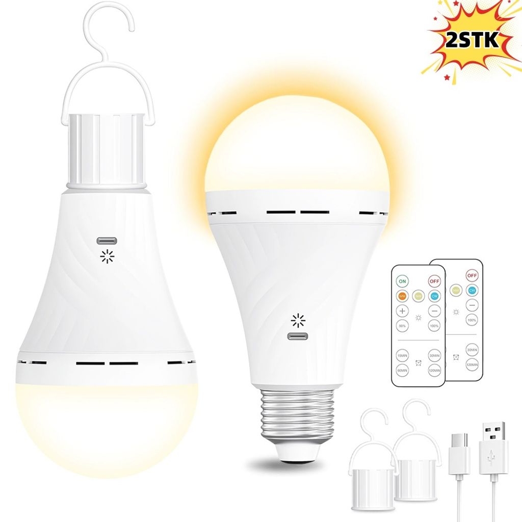 2er LED Glühbirne USB Rechargeable 2600mAh Lampe mit Fernbedienung,Timing,E26-Sockel&Wiederaufladbare mit Haken für Tischlampe,Pendellampe,Nachtl...
