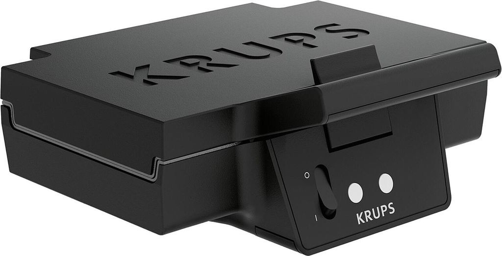 A black Krups sandwich maker is shown from a slightly elevated angle against a white background.