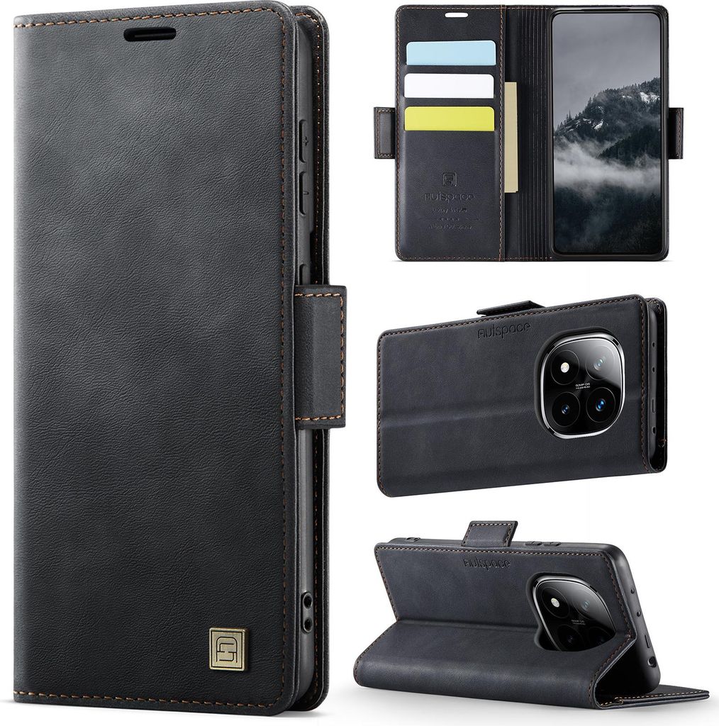 Lederhülle für Xiaomi Redmi Note 14 Pro 5G/Note 14 Pro+ 5G, RFID Schutz Handyhülle mit Magnetverschluss, Kartenfächern und Ständer Schwarz