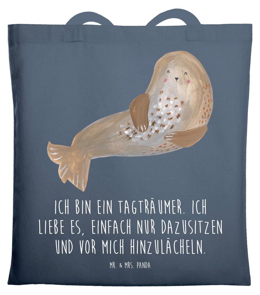 Mr. & Mrs. Panda Tote Bag Robbe Lachen - Indigo Blue - Geschenk, Jutebeutel, Stoffbeutel, Meerestier, Strand, Lustige Sprüche, Tragetasche, Nordse...