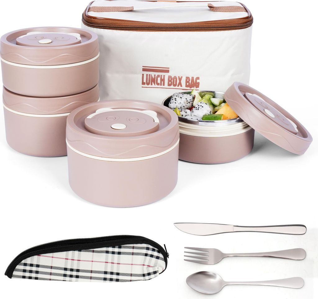Belle Vous 5-teiliges tragbares isoliertes Lunchbox-Set mit Besteck - 4 Edelstahl Thermobehälter für Essen - Stapelbar und auslaufsicher - Thermo