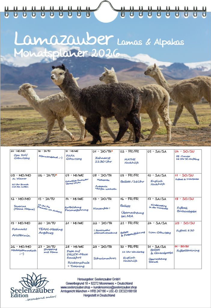 Lamazauber Planer DIN A4 Kalender für 2026 Lama Alpaka - Seelenzauber