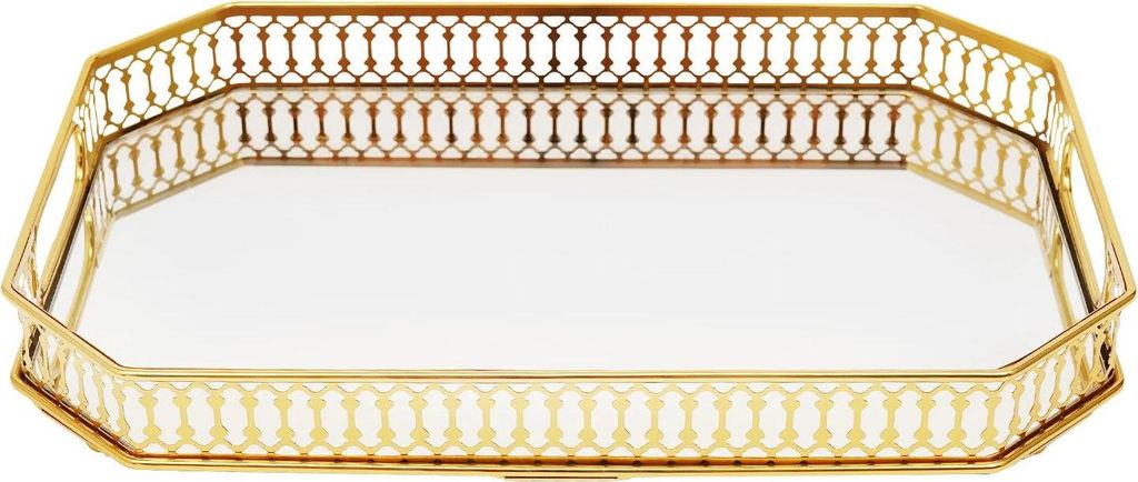 Deko-Tablett - Rechteckiges Tischtablett - 35×25 cm - Eisen und Glas - Galvanisiert - 5 cm Rand - Gold