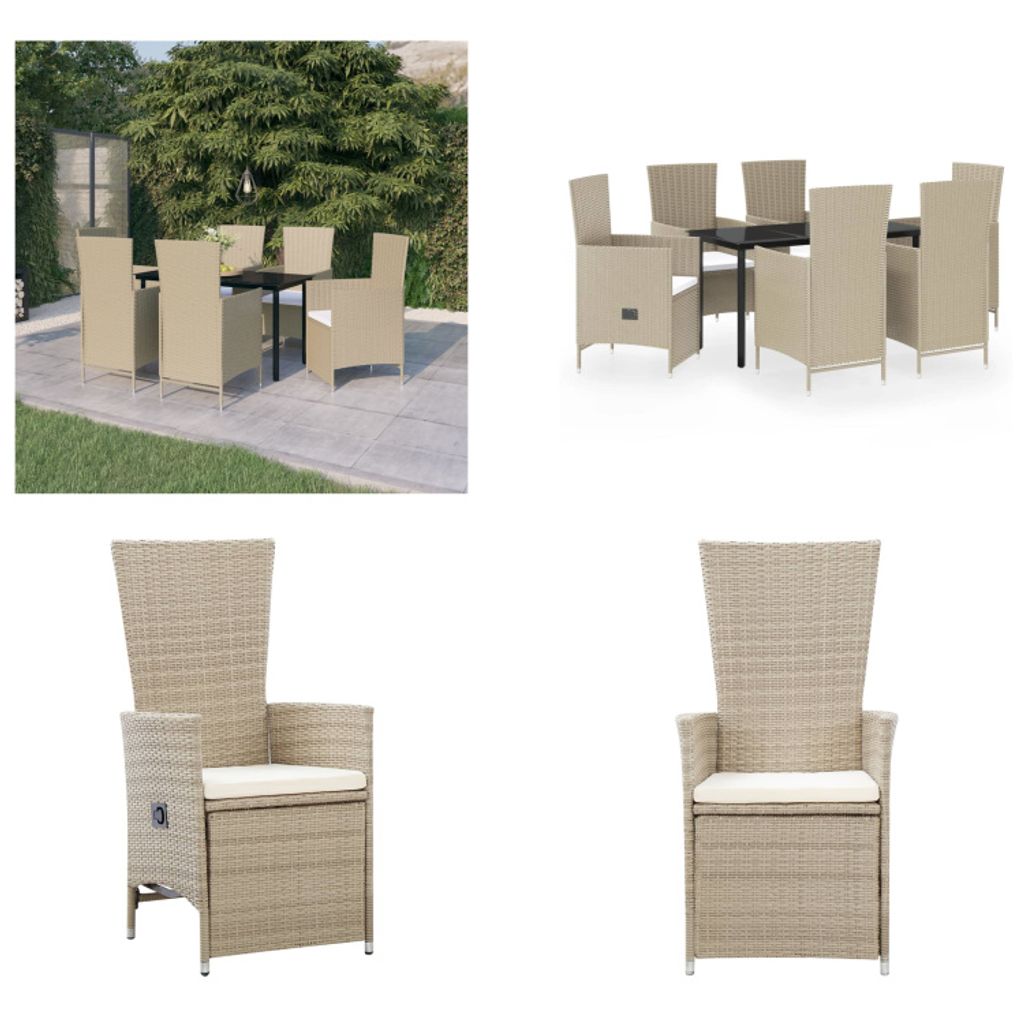 vidaXL 7 tlg. Garten Essgruppe mit Auflagen Beige - Garten Essgruppe - Garten Essgruppen - Gartenmöbel Set - Garten Möbelset