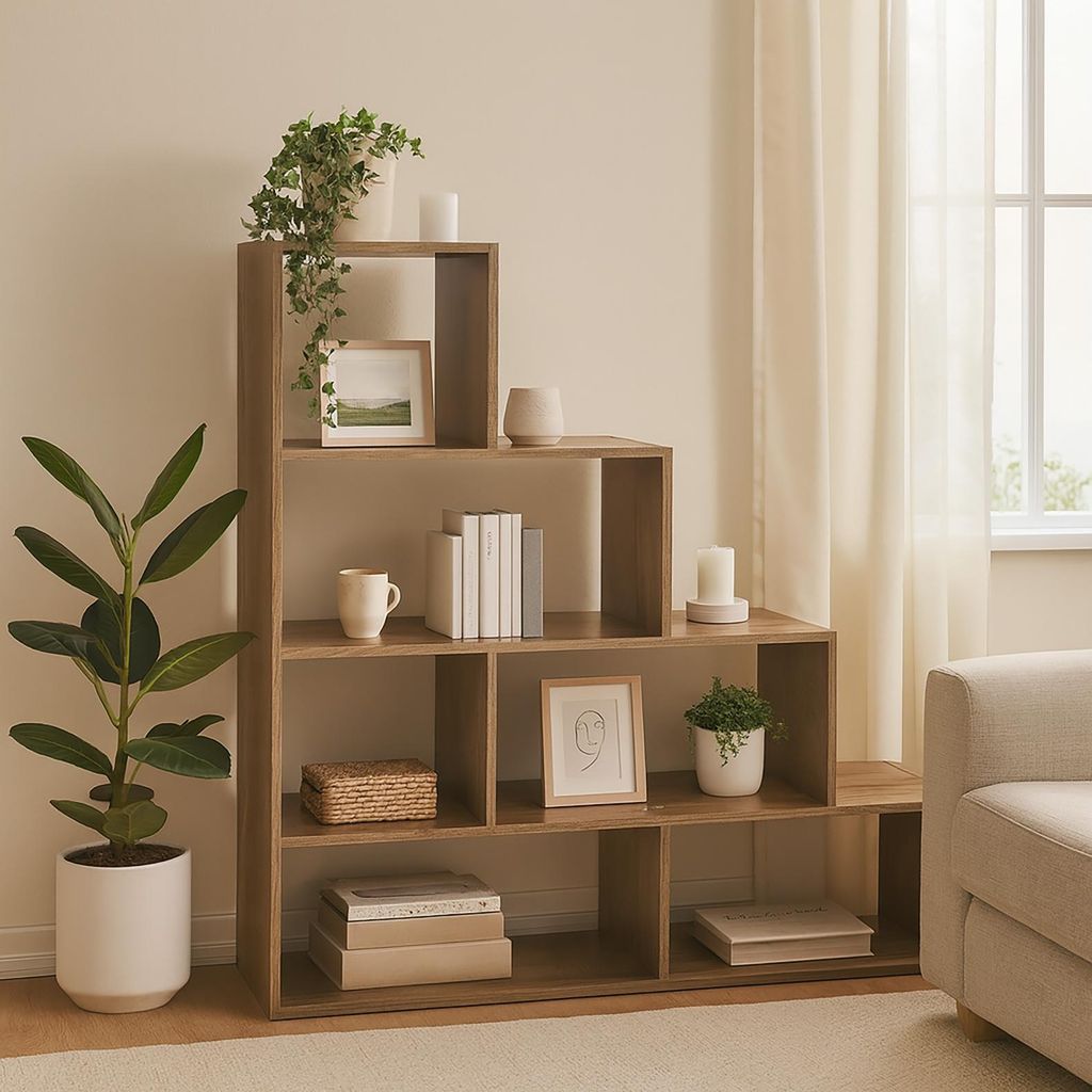 Stufenregal in Eiche Holzoptik Raumteiler Bücherregal 114 x 114 x 30 cm vielseitig einsetzba