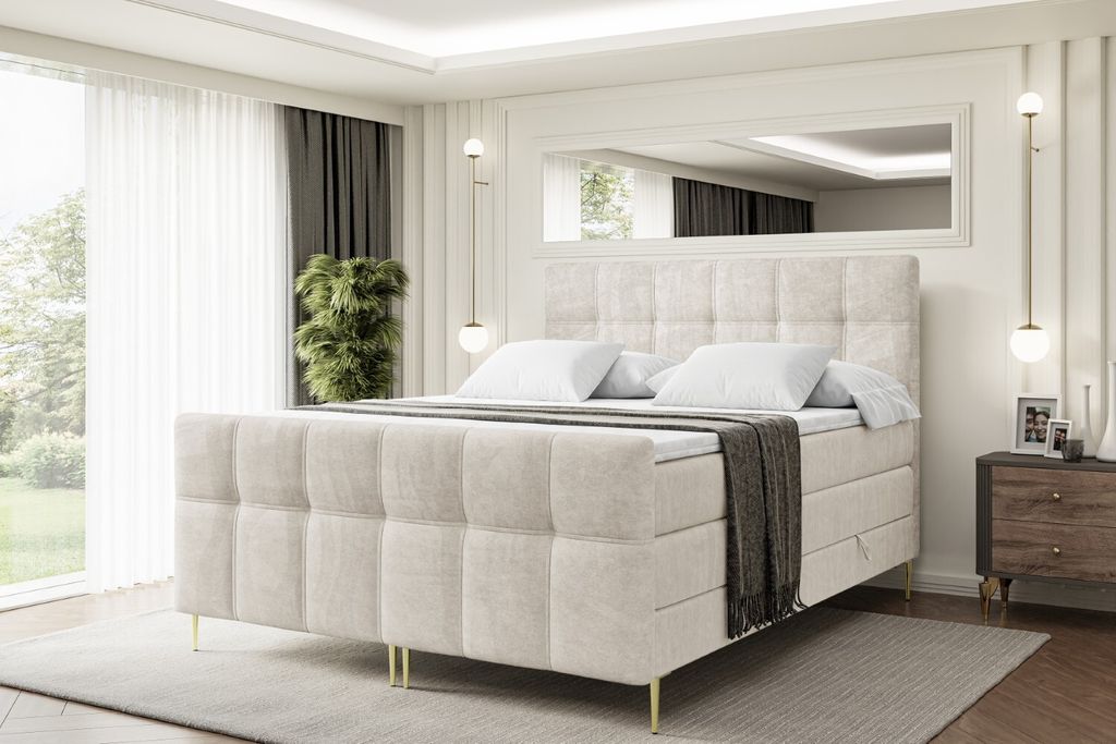 ALTDECOR Boxspringbett mit Gold Füßen, Matratze und Lattenrost, Topper, Fußteil, Polsterbett mit Bettkasten, Bett mit Stauraum H3- und H4- Matra...