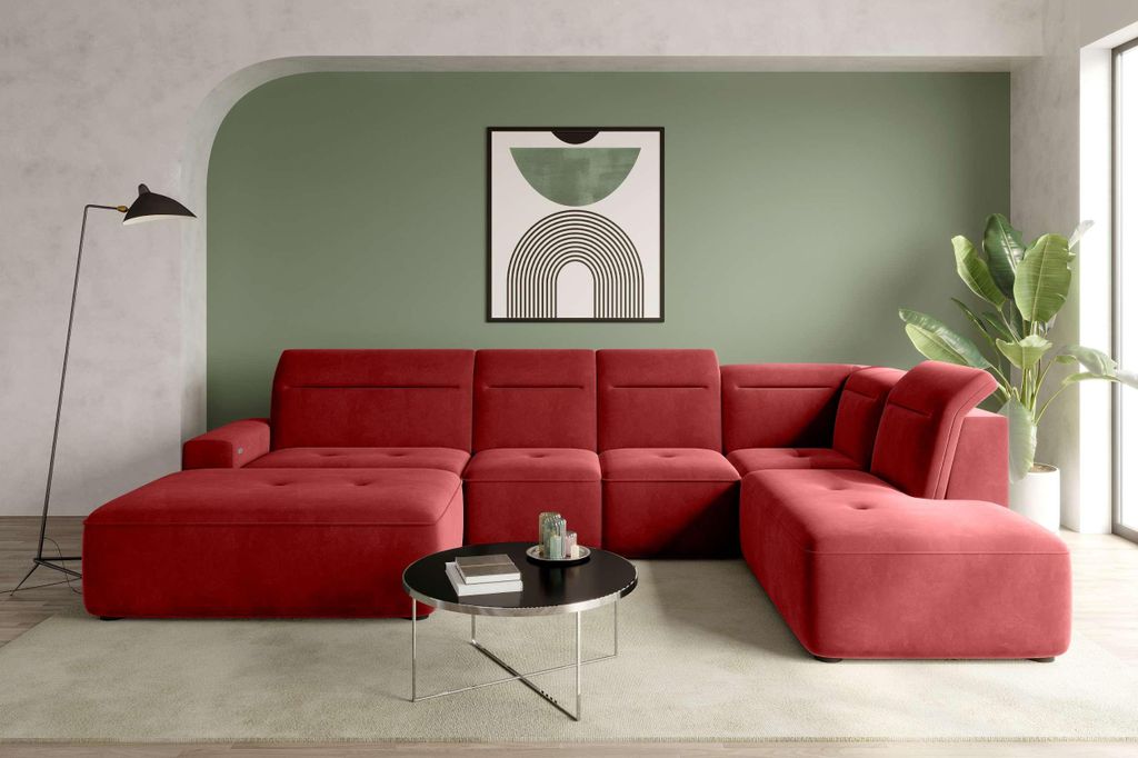 99rooms Elvaro Wohnlandschaft Velours PALLADIUM Korallenrot Links mit Sitztiefenverstellung