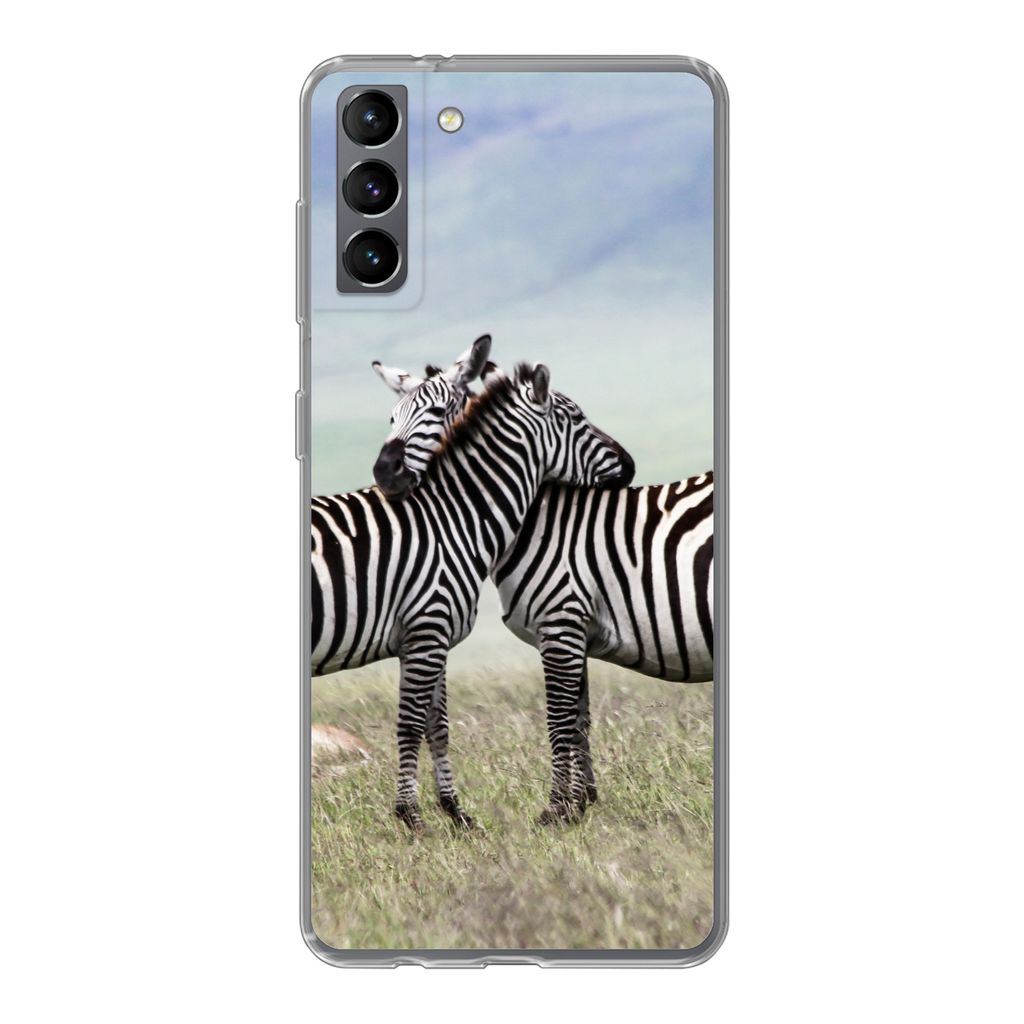 MuchoWow Handyhülle Schutzhülle Hülle für Samsung Galaxy S21 Plus Zebras - Gras - Schwarz - Weiß Silikon Softcase Handy Hülle - Handy-Tasche