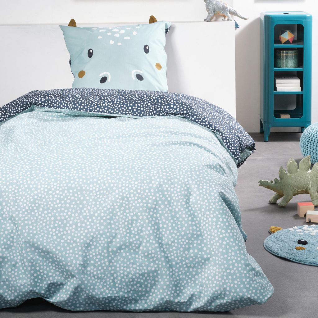 Kinderbettwäsche Set 2-teilig mit Ohren, Nilpferd / Hippo, blau - Bettwäsche 135x200 80x80 cm aus 100% Baumwolle - Renforcé, mit Reißverschluss
