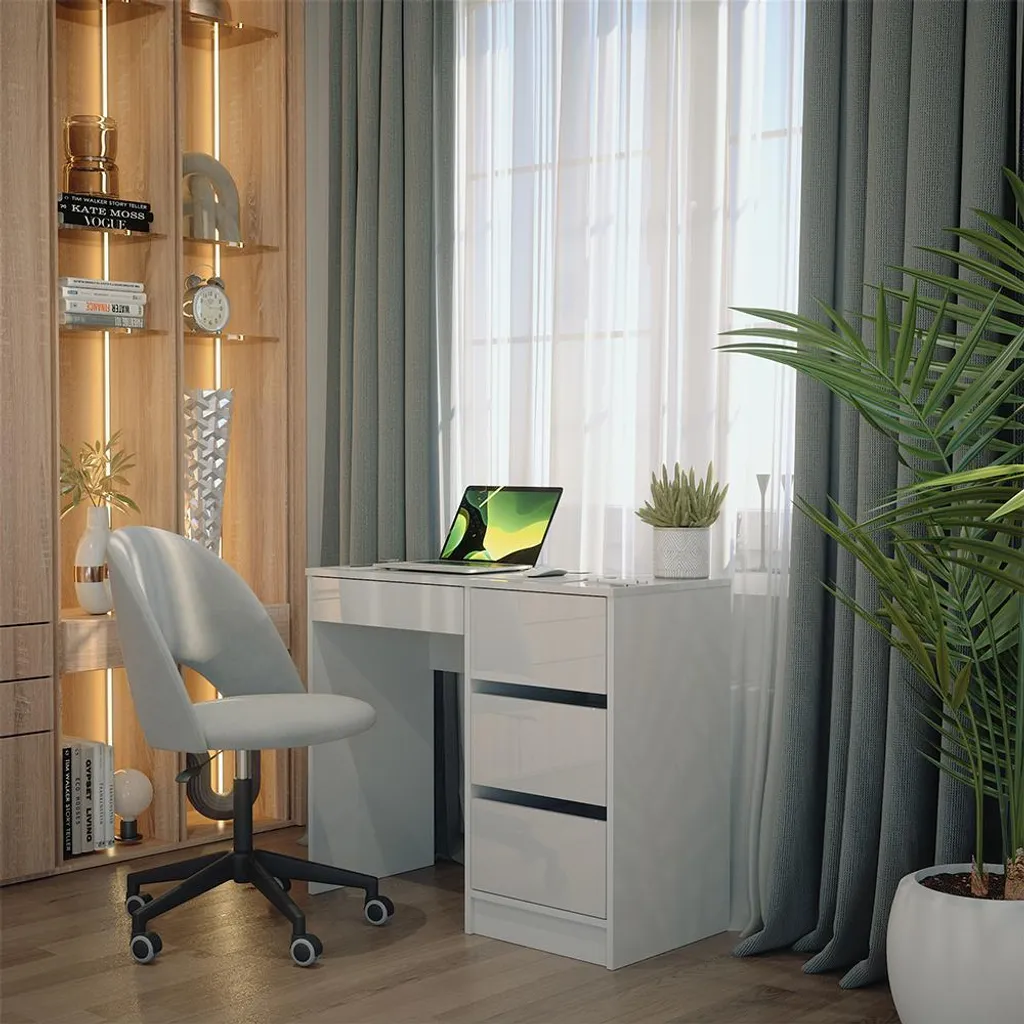 Vicco Sherry Scrivania Compatta 90x40 Bianco Lucido | 4 Cassetti Inclusi