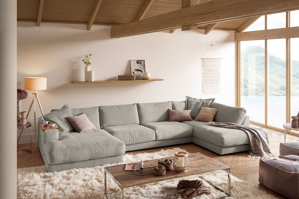 KAWOLA Sofa MADELINE Wohnlandschaft U-Form Cord steingrau Longchair links