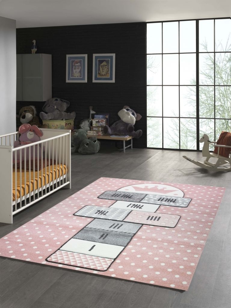 Kinderteppich Hüpfkästchen in Rosa Grau Creme Größe - 200 x 290 cm