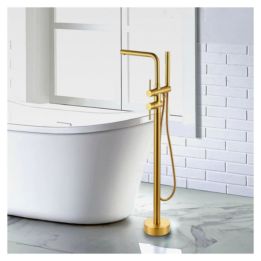 Freistehende Badewannenarmatur aus Kupfer und Edelstahl, 360° schwenkbar, Bodenmontage mit Handbrause (Gold)