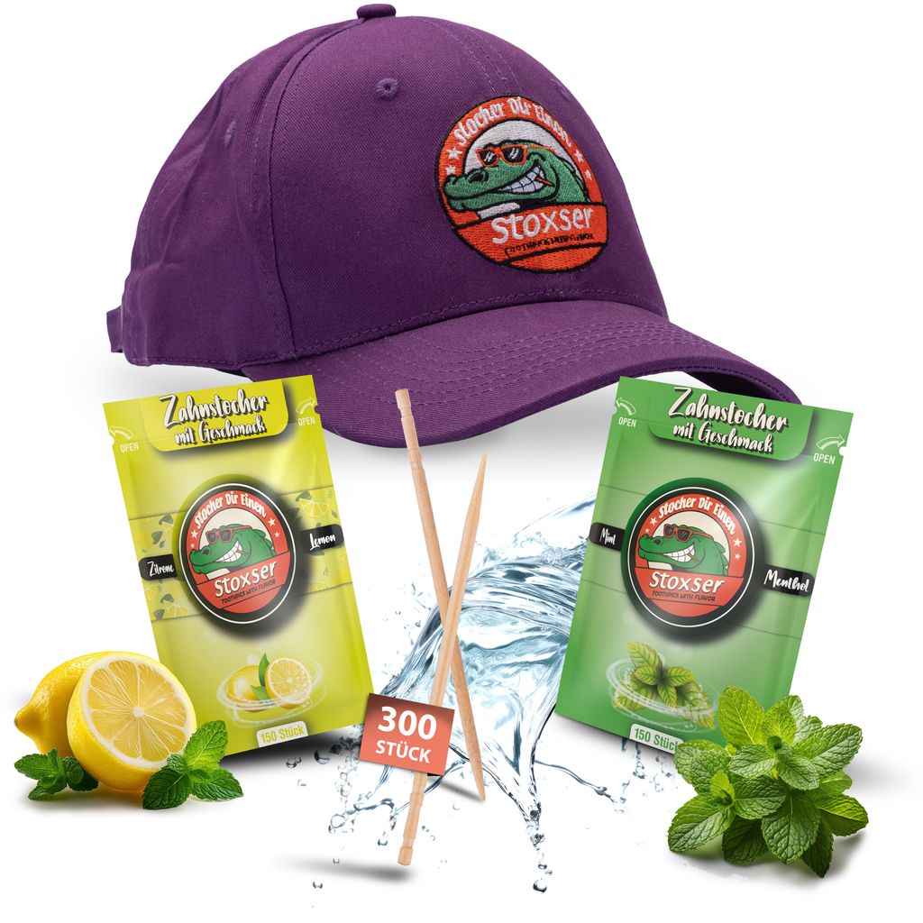 Stoxser Cap in Lila mit gratis 300x Zahnstocher mt Geschmack Zahnstocher Geschmack Kein Kaugummi Unterstützend zu Zahnpasta Zahnbürste
