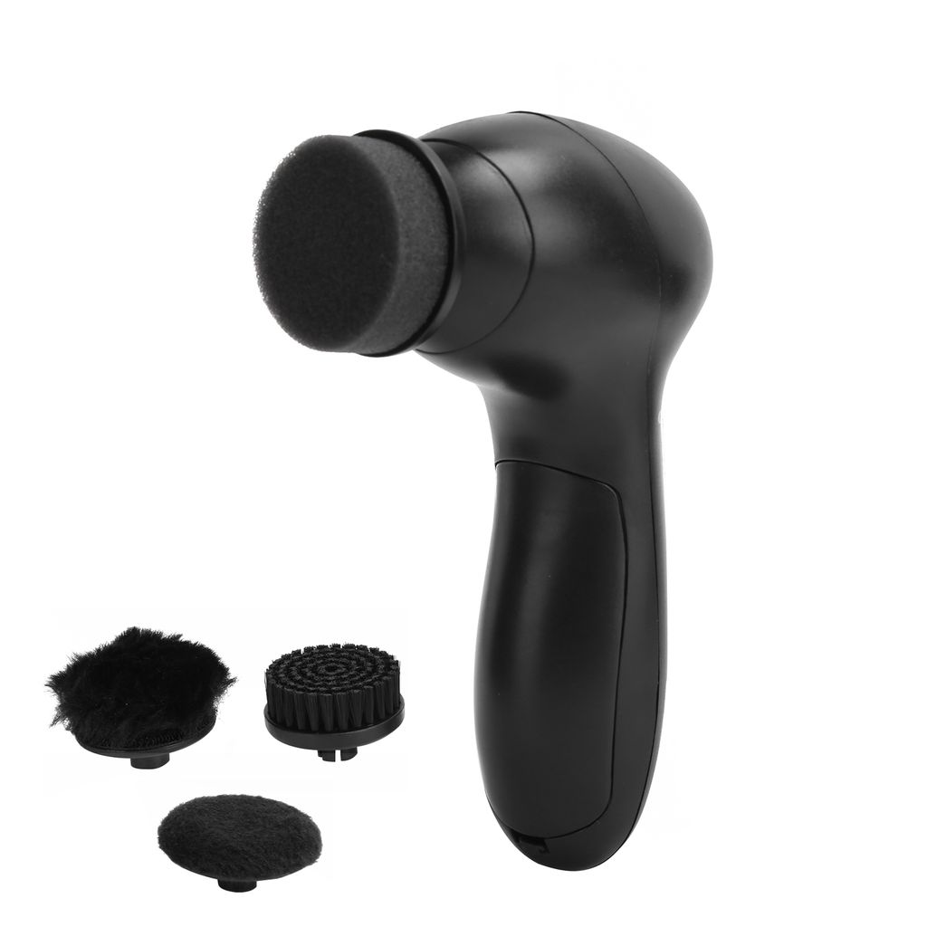 A black electric shoe polisher with multiple brush attachments on a white background.