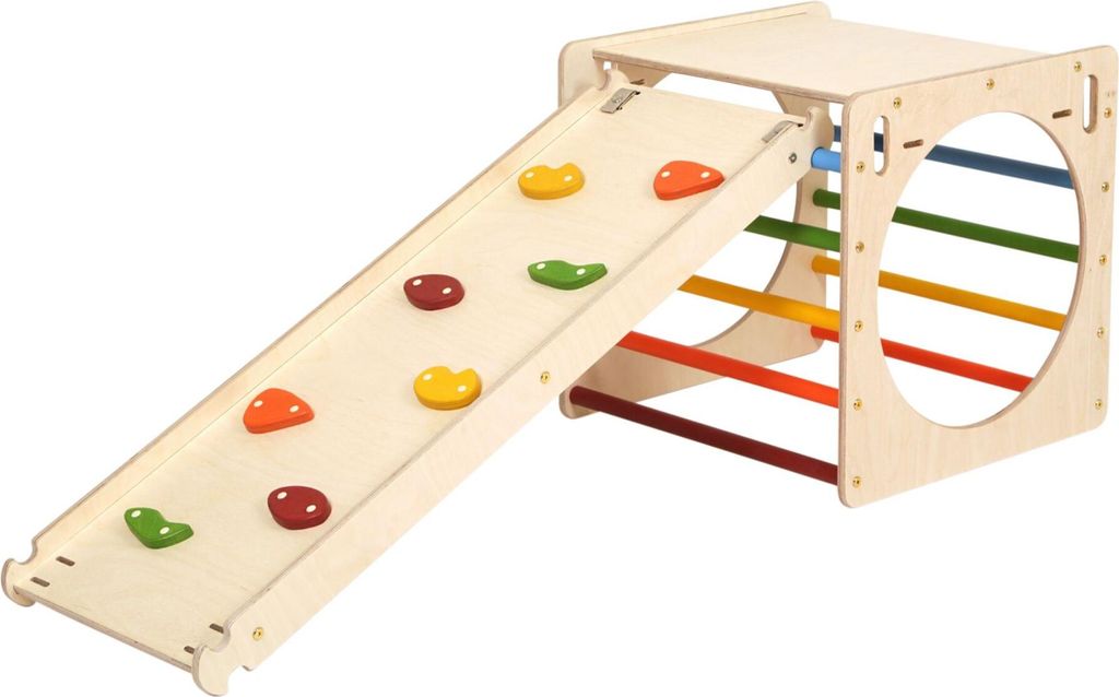 KateHaa Activity Cube / Holzwürfel aus Holz mit Kletterwand Regenbogenfarben | Indoor Klettergerüst für Kinder | Montessori Spielzeug