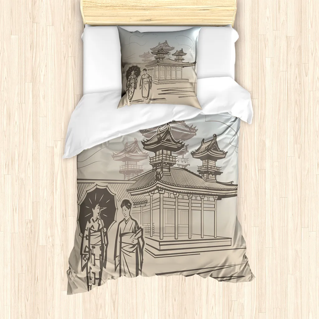 ABAKUHAUS Set copripiumino per letto singolo con motivo ombrelloni, donne che camminano, antiacaro, adatto a chi soffre di allergie, con federa, 135 cm x 200 cm - 80 x 80 cm, Pale Sepia Warm Taupe