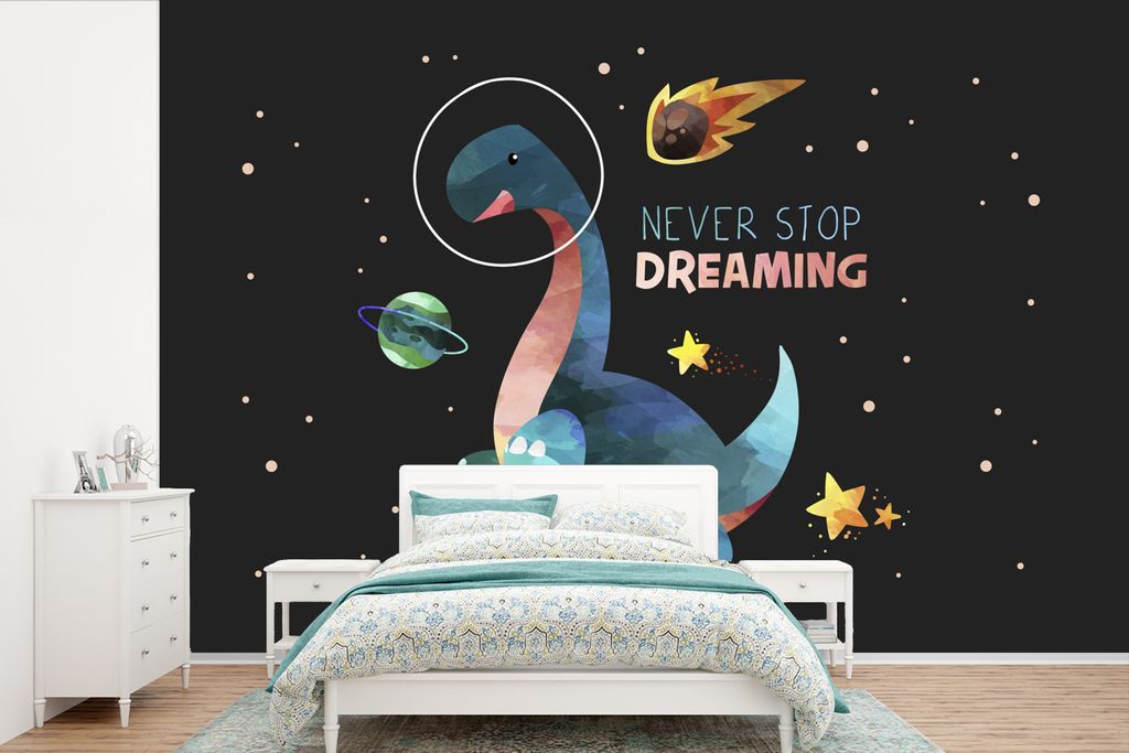 MuchoWow Fototapete für Wohnzimmer oder Schlafzimmer Wandtapete Vinyl Motivtapete Zitate - Sprichwörter - 'Hör nie auf zu träumen' - Raumfahr...