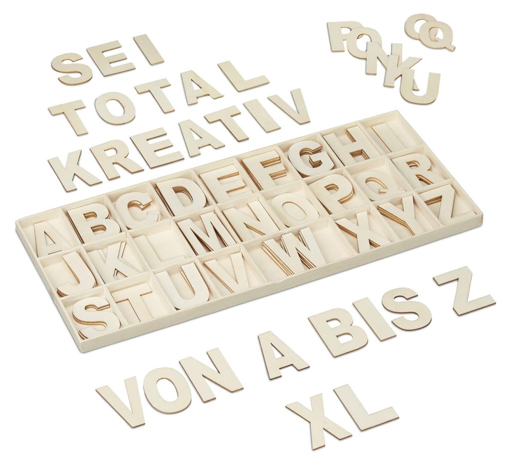 Relaxdays Holzbuchstaben Set, 104 tlg., Großbuchstaben A-Z, Produktbild 