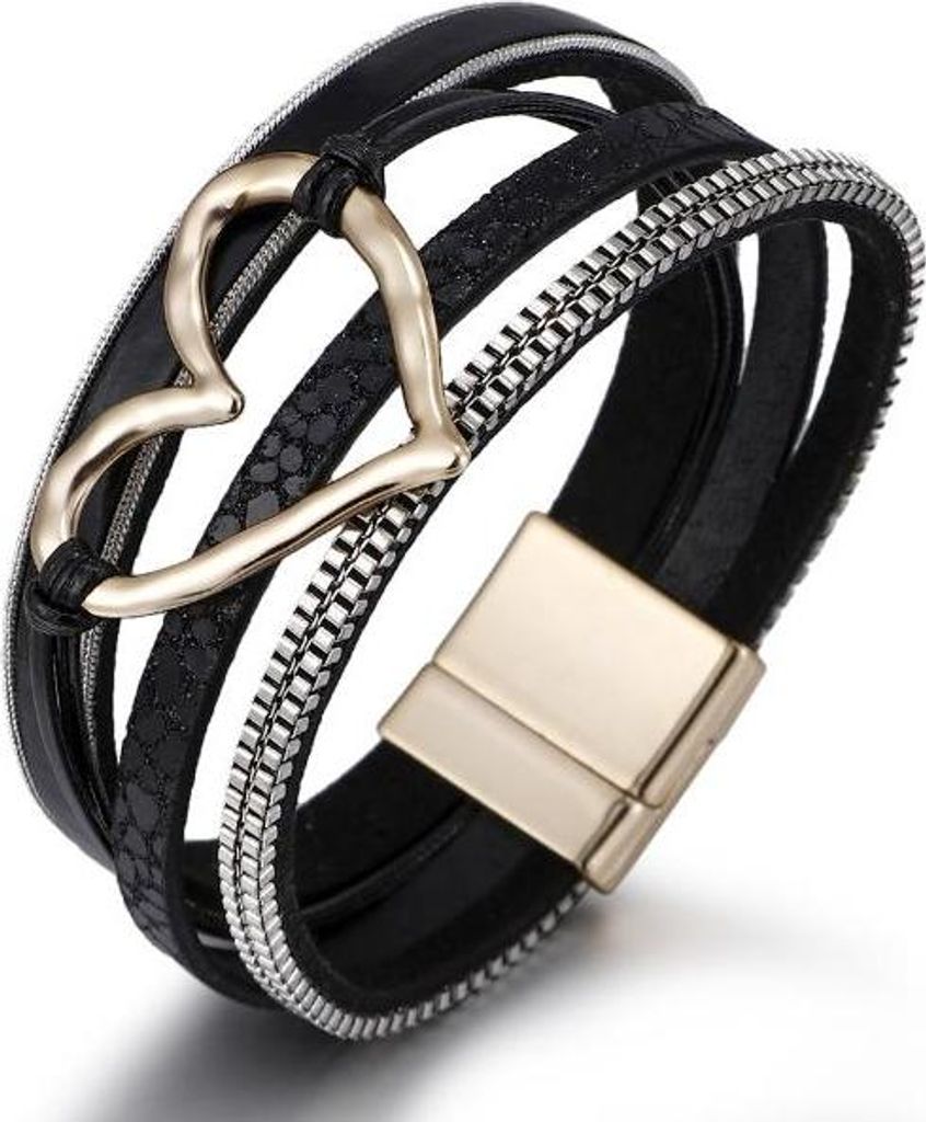 Mehrlagiges Lederarmband mit Boho-Herz, schwarz