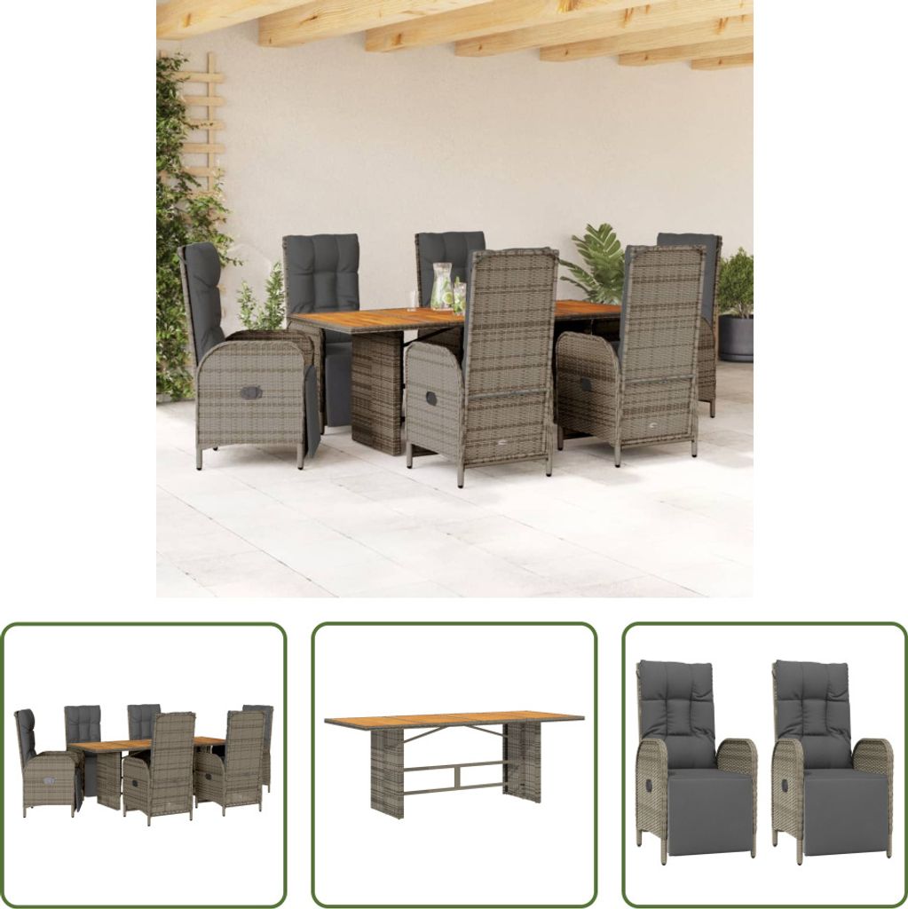 The Living Store 7-tlg. Garten-Essgruppe mit Kissen Grau Poly Rattan