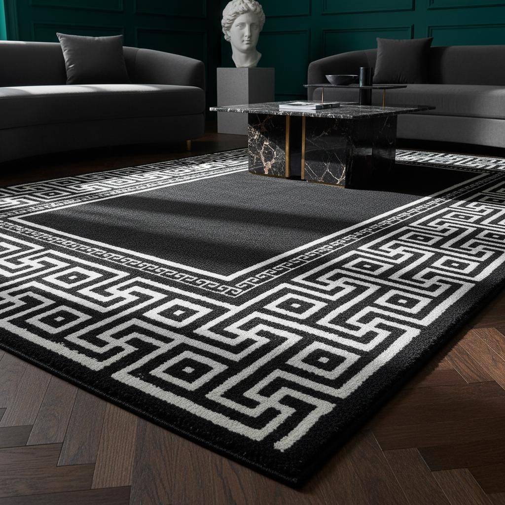 Wohnteppich Mäander-Ornament Modern Waschbar Strapazierfähig | Schwarz 200x290 cm Wohnzimmer Schnelltrocknend | DRAU – Kadima Design