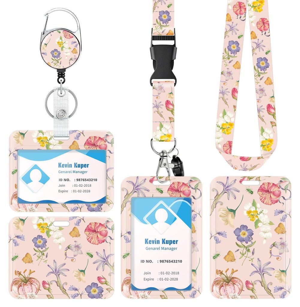 Set mit 2 Ausweishüllen mit Blumenmuster und Schleife, Ausweishülle mit Schlüsselring, ausziehbar, Ausweishülle für Pflegekräfte, Büroangest...