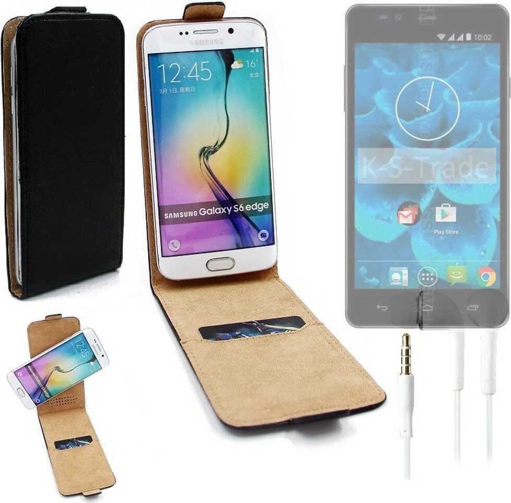 K-S-Trade Handyhülle + Kopfhörer kompatibel mit Qilive Q4 5.5 360° Flipstyle Schutzhülle Smartphone Tasche Case Flip cover schwarz 1x
