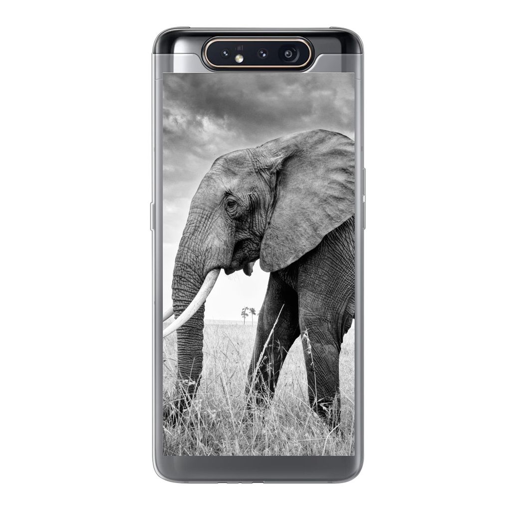 MuchoWow Handyhülle Schutzhülle Hülle für Samsung Galaxy A80 Elefant - Gras - Tiere - Schwarz und weiß Silikon Softcase Handy Hülle - Schut...
