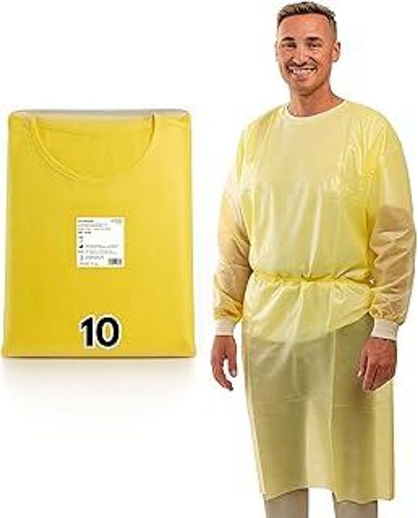 10St. | Gelb | Einweg PP+PE Schutzkittel Optimaler Schutz Einmal Kittel mit Strickbündchen & Klettverschluss – Premium OP Kittel (125x140cm)