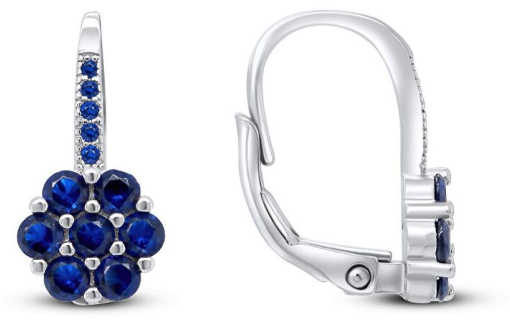 Silver flower earrings with dark blue zircons EA73
