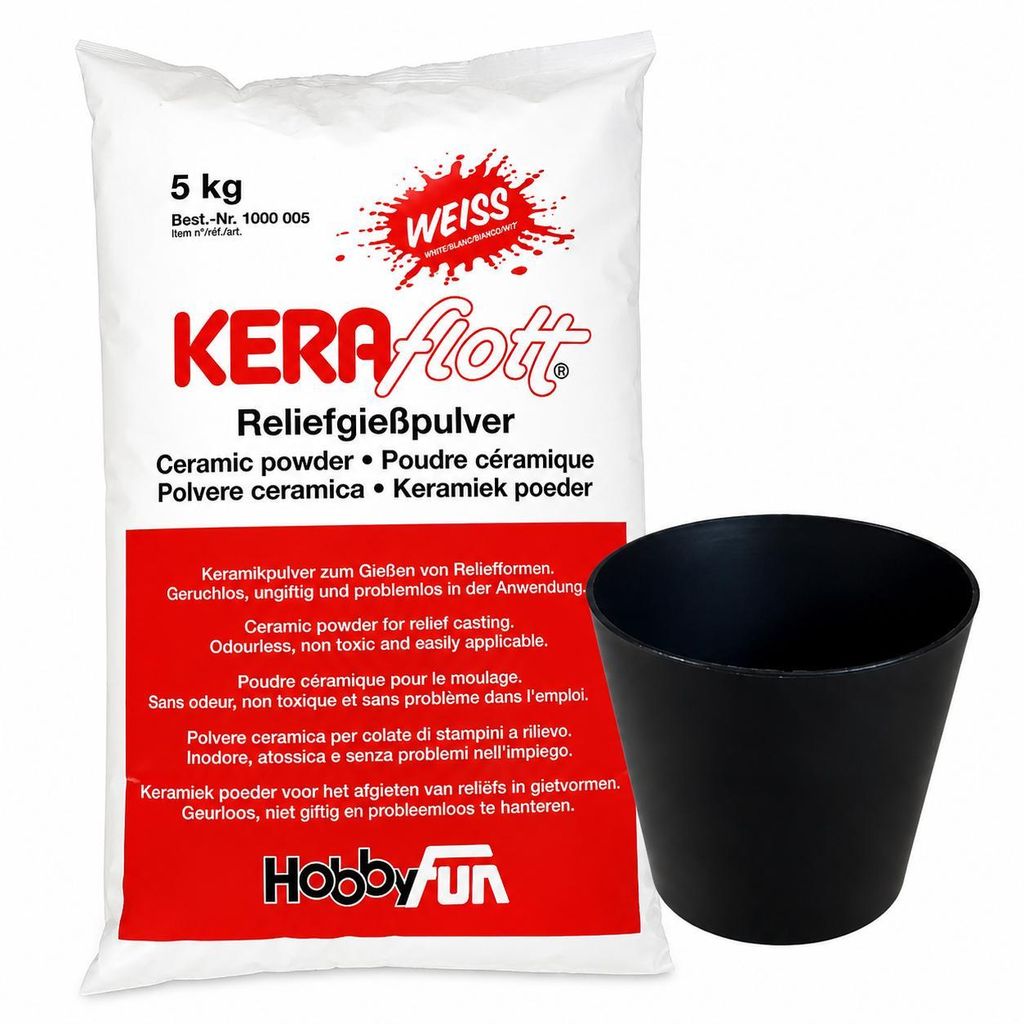 KERAflott Reliefgießpulver weiß 5 kg mit Gipsbecher in schwarz (Durchmesser: 125 mm und Höhe 90 mm)