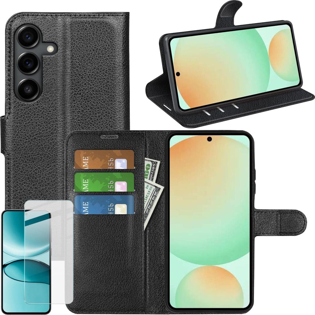 Für Samsung Galaxy S25 FE Kunstleder Book Wallet Handy Tasche Schwarz + 9H Hart Glas