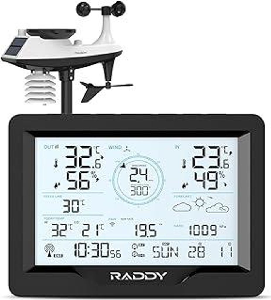 Raddy MN6 Lite Wetterstation mit außensensor, 5-in-1 Innen-Außenthermometer, Temperatur-Luftfeuchtigkeit-Luftdruck-Monitor mit DCF-Atomuhr, Wette...
