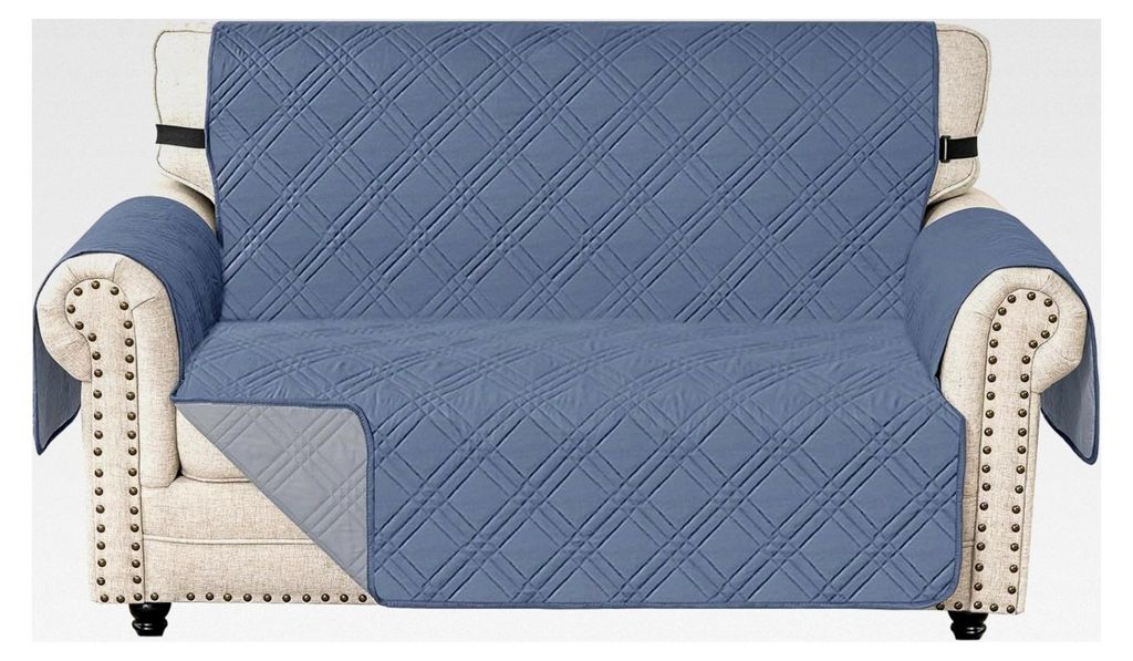 Wendbarer Sofaüberzug für 2-Sitzer, waschbar, universeller Bezug mit Armlehne, rutschfest, geeignet für Haustiere, grau-blau + hellgrau