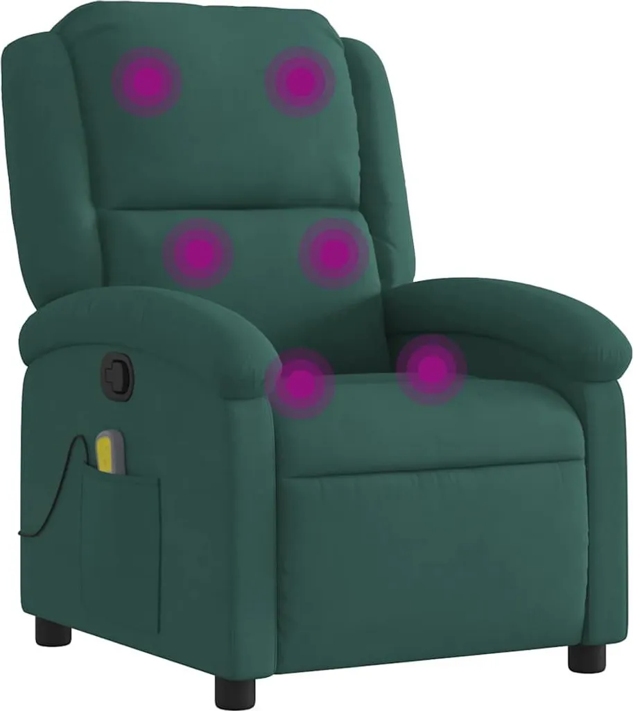 Fauteuil relax massant velours vert avec dossier réglable et télécommande
