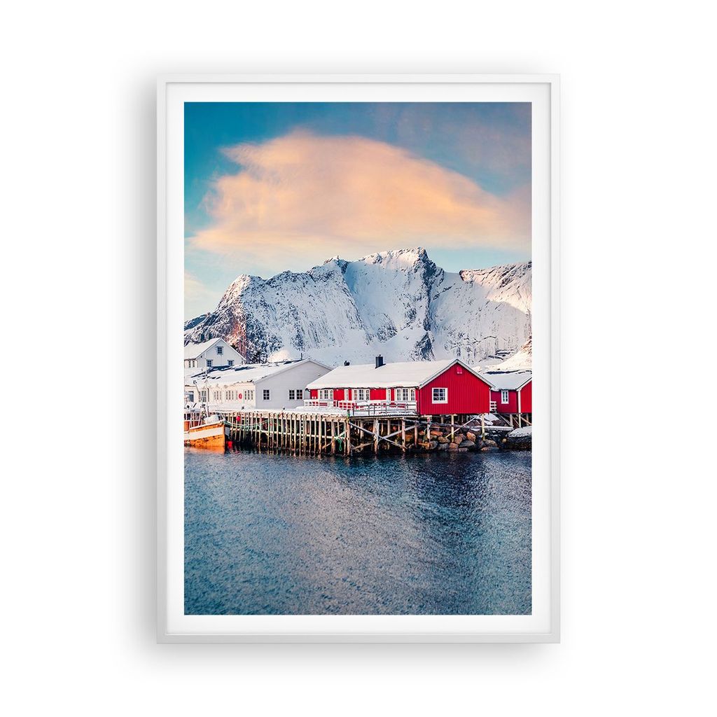 Gerahmtes Poster - Weißer Rahmen - Lofoten Dorf Angeln - 70x100 cm - Wand Bild - Wanddeko - Wandbilder - Kunstposter - Wandposter - Bilderrahmen -...