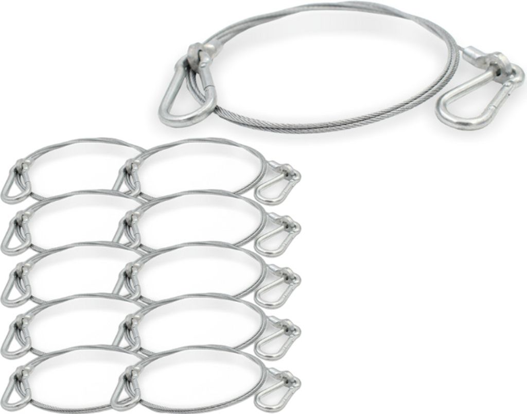 10x Drahtseil, Ø 1,5 mm, 7x7, beidseitiger Ringkabelschuh mit Karabiner 4x40, Stahl verzinkt | Länge 150 mm