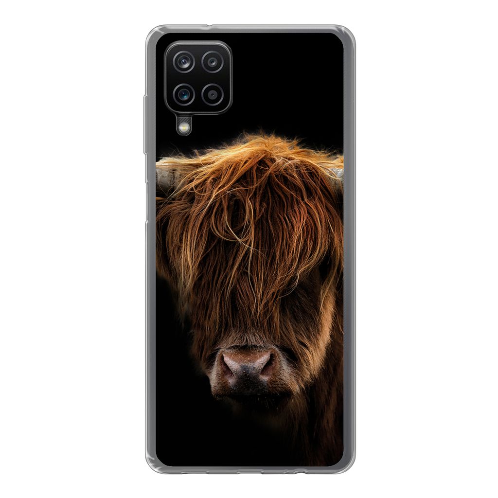 MuchoWow Handyhülle Schutzhülle Hülle für Samsung Galaxy A12 Schottischer Highlander - Hörner - Schwarz - Tiere - Natur - Wild - Kuh Silikon...