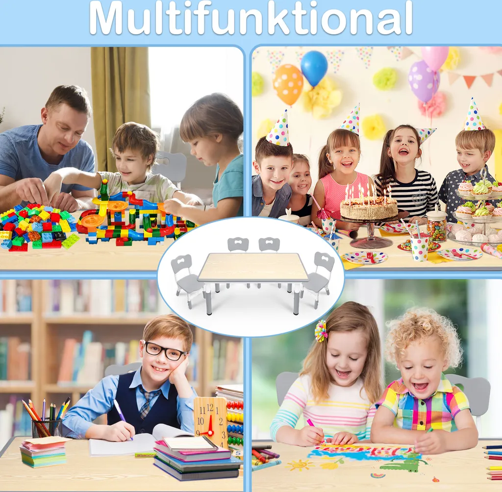 XMTECH Ensemble Table et 4 Chaises Enfant Grises avec Hauteur Réglable - 9